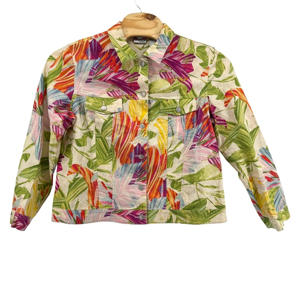 Chicos Womens Tropical Floral Linen Cotton Jacket Size 3 XL Multicolor Button Up